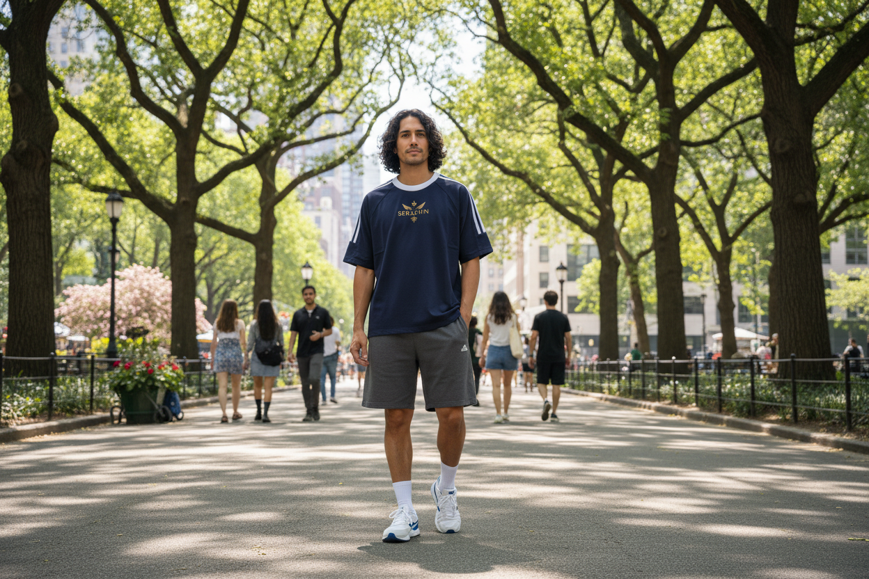 Navy blue t-shirt with white stripes on sleeves and 'Seraphin' logo on a white background